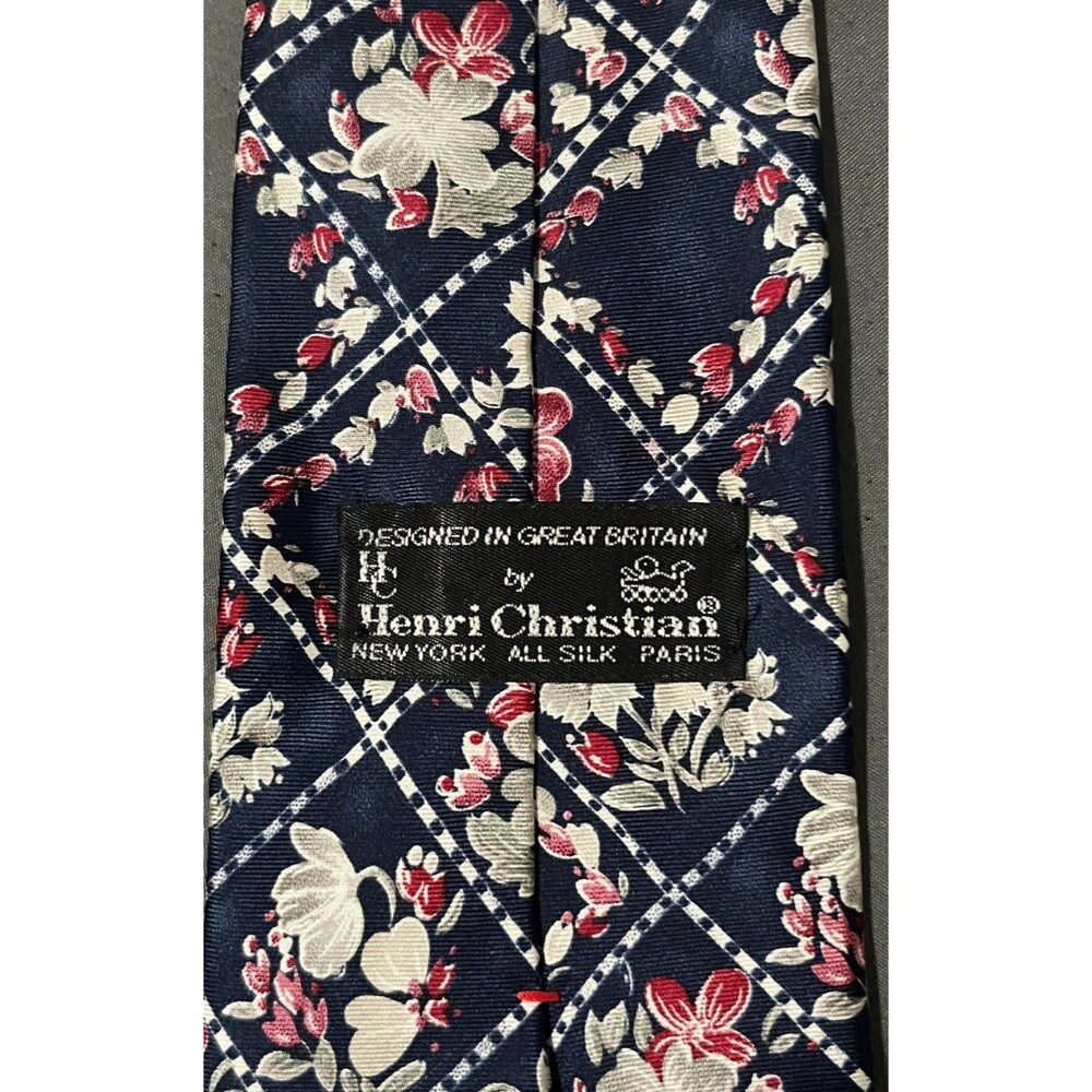 Henri Christian Extra Long Floral Silk Tie 63x4 Navy Red White Vintage